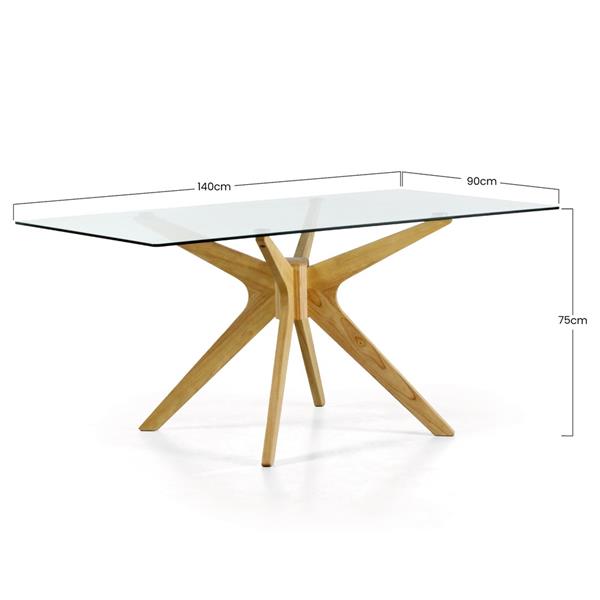 Tavolo da sala con top in vetro e gambe in legno incrociate