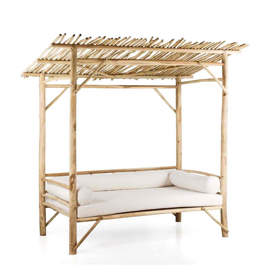 Baldacchino daybed in legno di teak riciclato 120x200cm con cuscini ecù - Okku