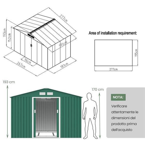 Casetta in acciaio da giardino con ante scorrevoli 277x191x192 verde