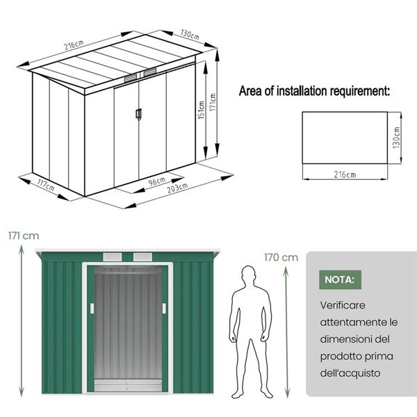 Box in lamiera di acciaio zincato con ante scorrevoli 213x130x173 cm verde