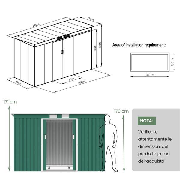 Casetta porta attrezzi da giardino in acciaio 277x130x173 cm verde