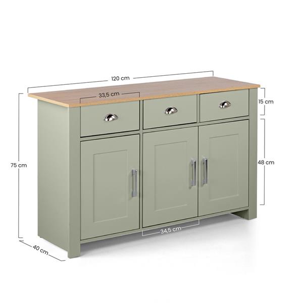 Credenza soggiorno salvia con 3 ante e 3 cassetti 120x70x40 cm - Ginevra