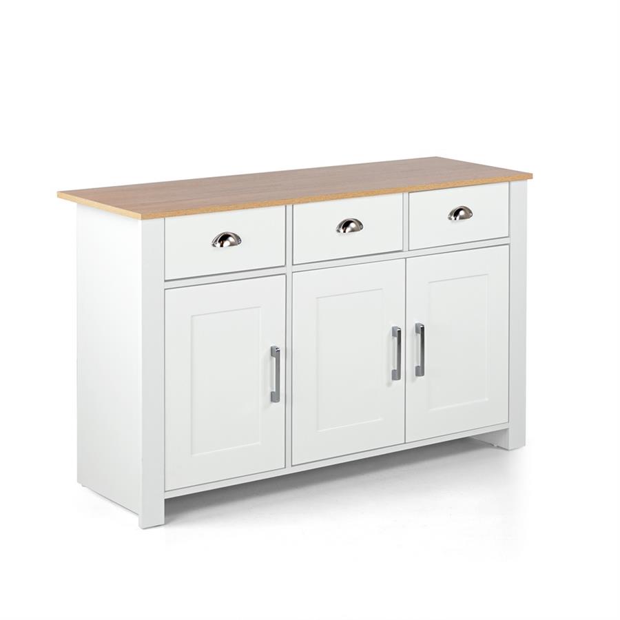 Credenza moderna bianca con top rovere 3 ante e 3 cassetti - Ginevra