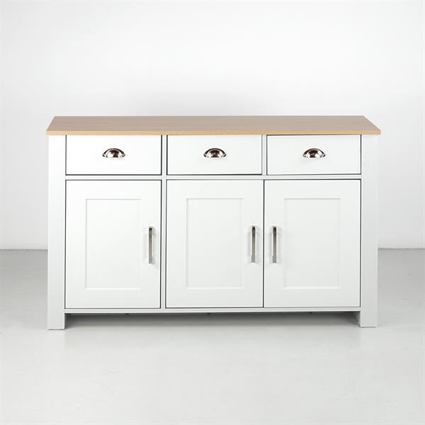 Credenza moderna bianca con top rovere 3 ante e 3 cassetti - Ginevra