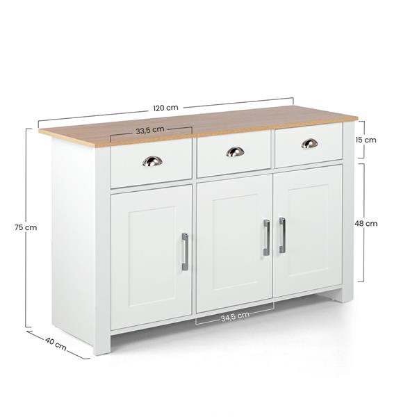 Credenza moderna bianca con top rovere 3 ante e 3 cassetti - Ginevra