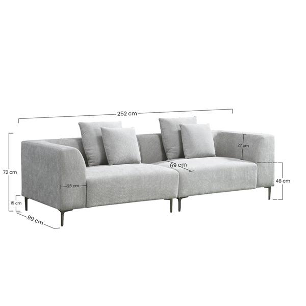 Divano elegante in tessuto grigio chiaro 252x99x72 cm - Cloe