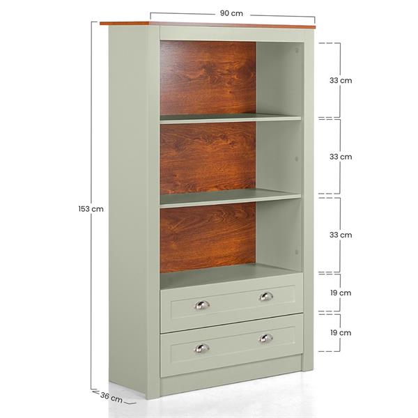 Mobile libreria salvia 90x36x153 cm con 3 ripiani e 2 cassetti - Ginevra